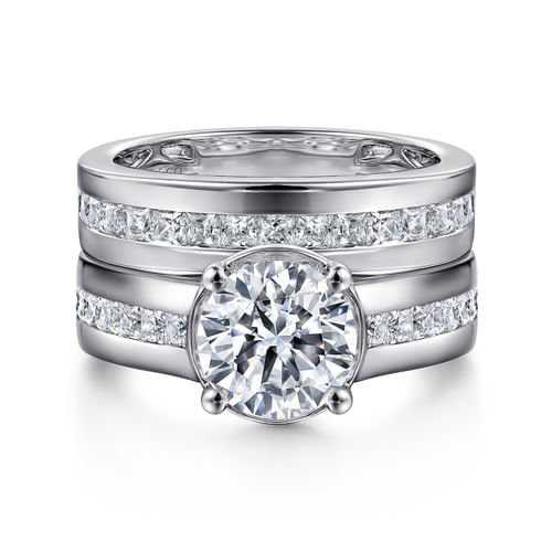 14K White Gold Wide Band Round Diamond Engagement Ring