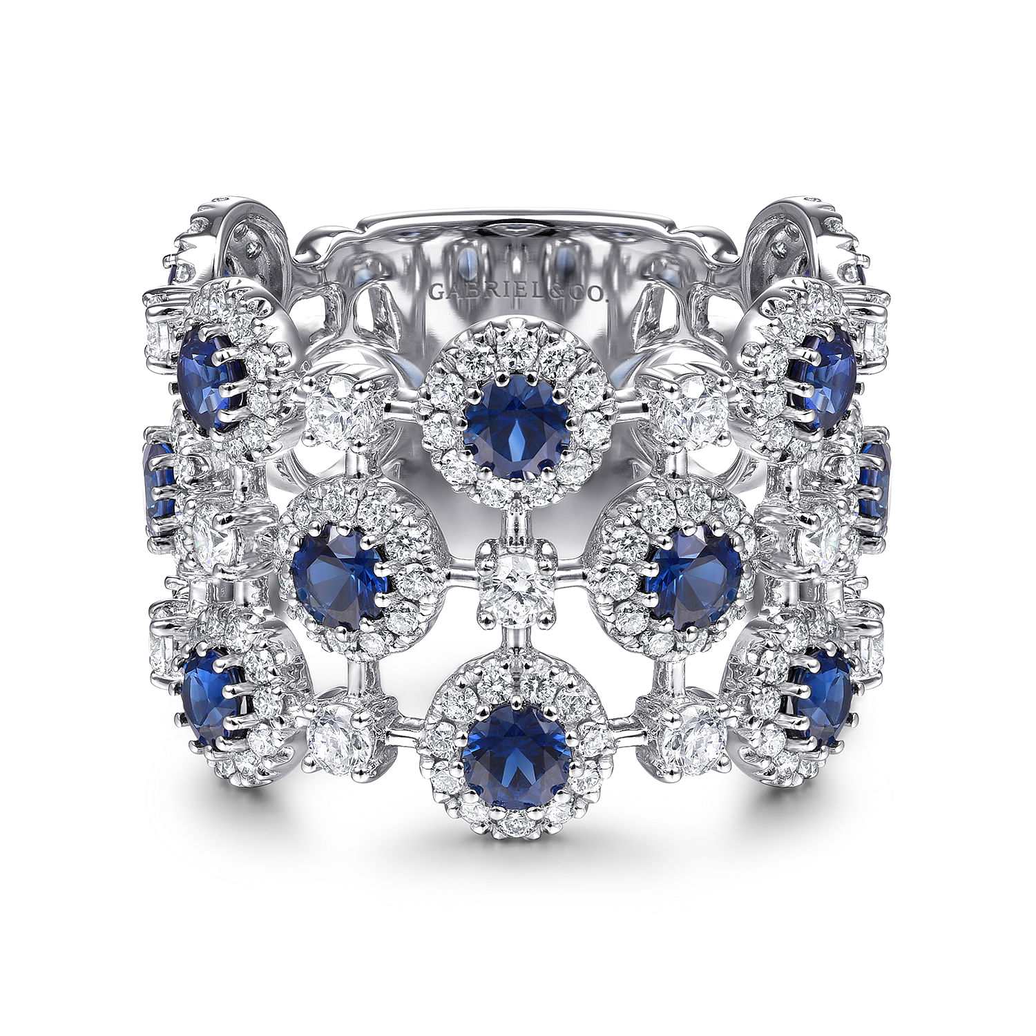 14K White Gold Wide Band Sapphire and Diamond Halo Ring