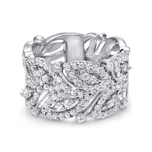 14K White Gold Wide Diamond Leaf Statement Ring 
