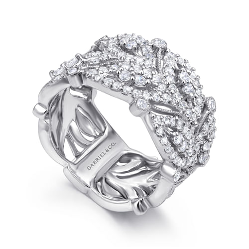 14K White Gold Wide Diamond Leaf Statement Ring 