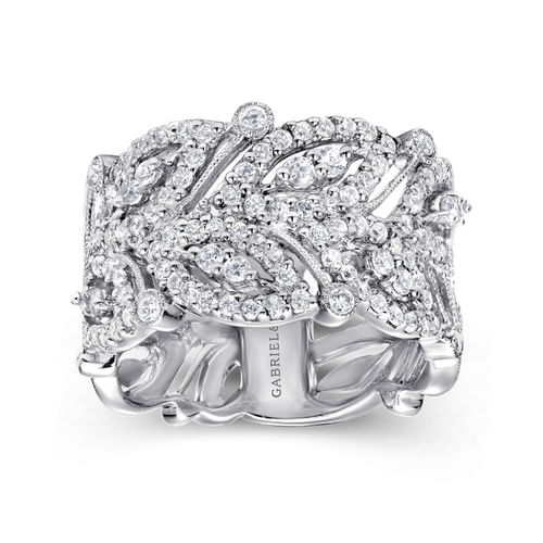 14K White Gold Wide Diamond Leaf Statement Ring 