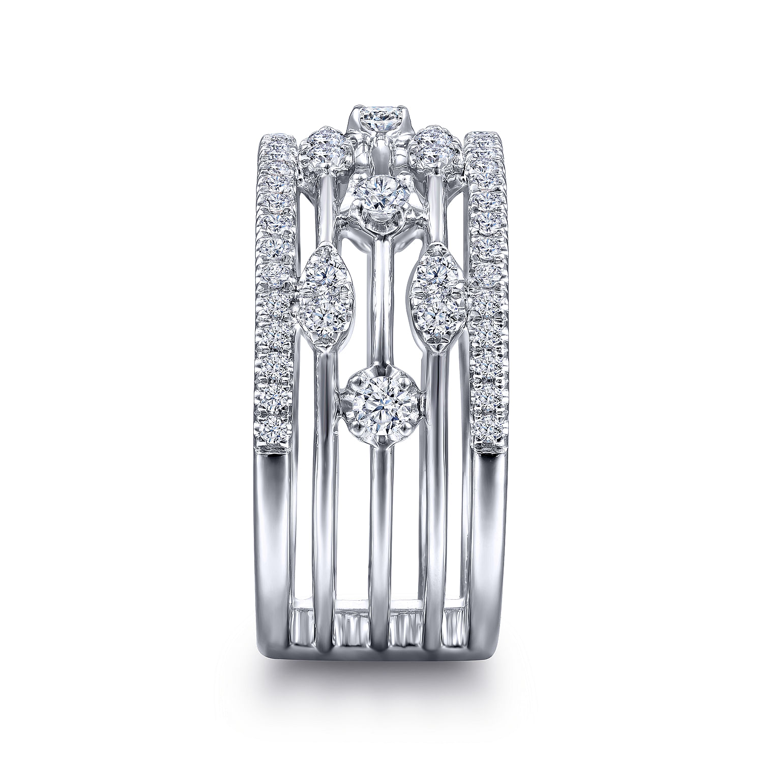 14K White Gold Wide Five Row Diamond Station Ring