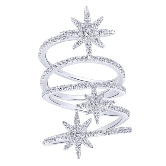 14K White Gold Wide Open Diamond Band and Star Station Statement Ring angle 4