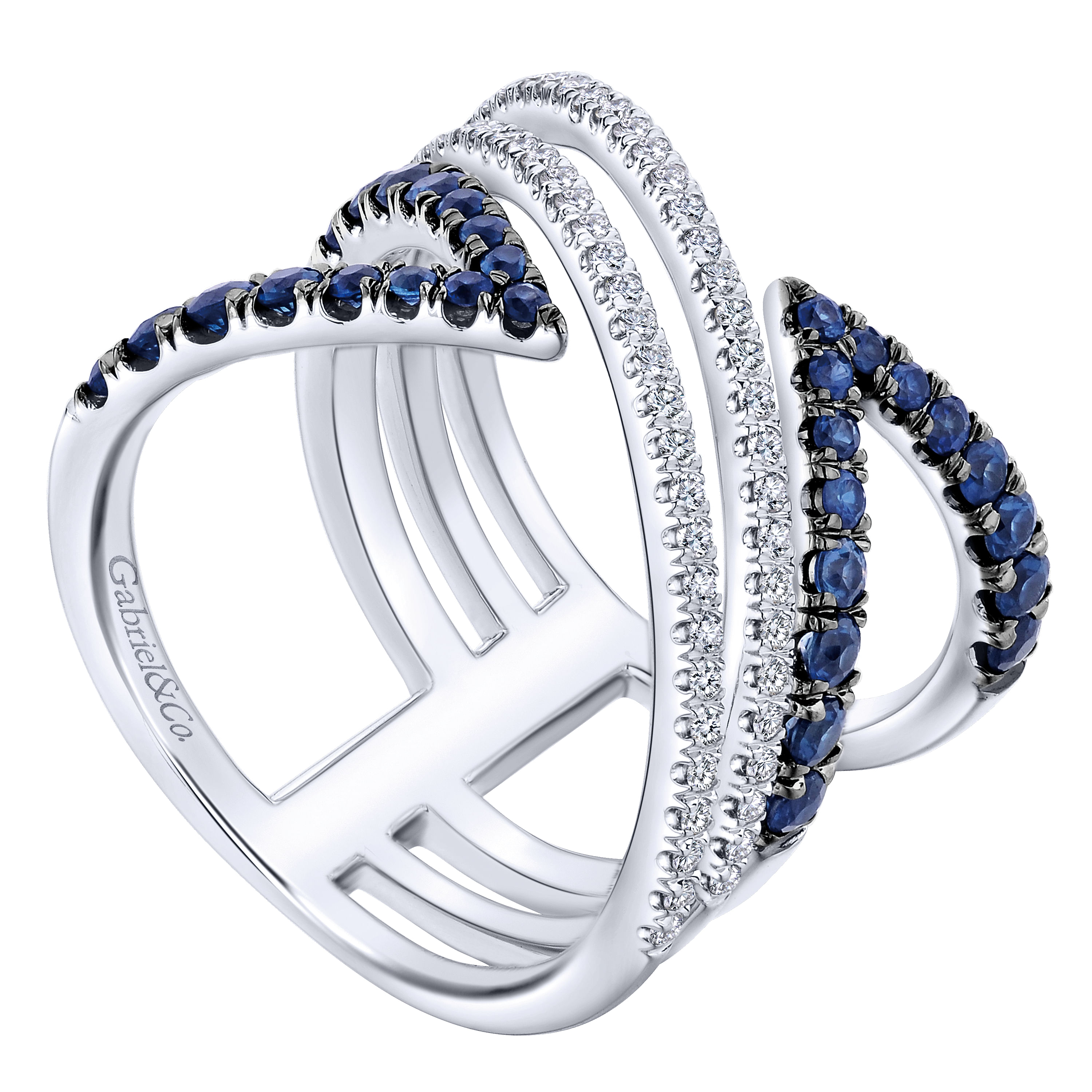 14K White Gold Wide Open Geometric Sapphire and Diamond Ring