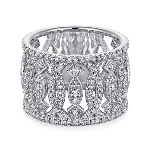 14K White Gold Wide Open Pattern Diamond Ring