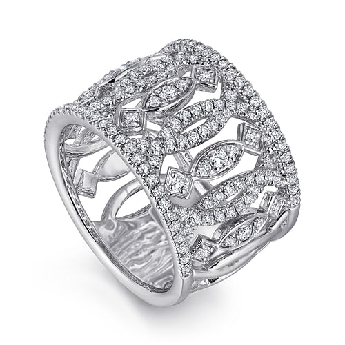 14K White Gold Wide Open Pattern Diamond Ring