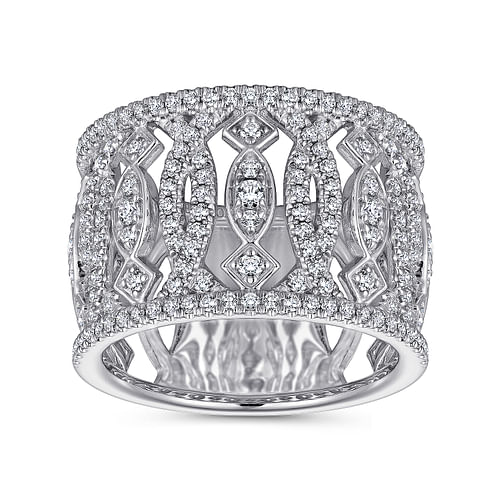 14K White Gold Wide Open Pattern Diamond Ring