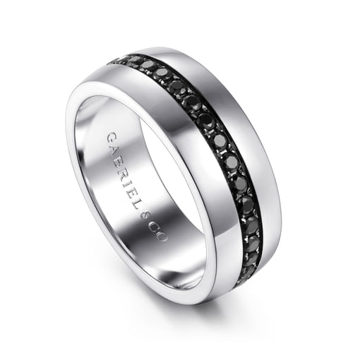 14K White Gold and Black Diamond Men's Band in High Polished Finish