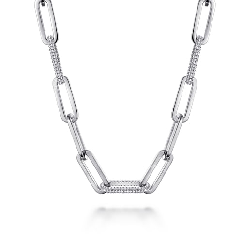 14K White Paper Clip Chain Necklace with Diamond Stations