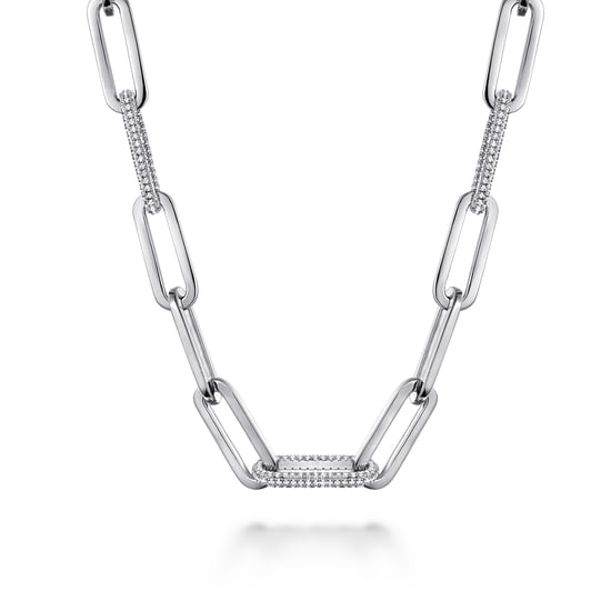 Gabriel - 14K White Paper Clip Chain Necklace with Diamond Stations