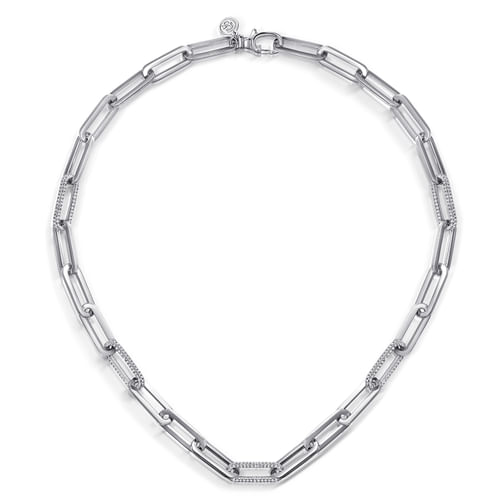 14K White Paper Clip Chain Necklace with Diamond Stations