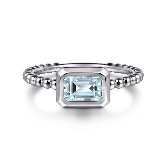 14K White Plain Gold Bujukan And Aquamarine Stackable Promise Ring