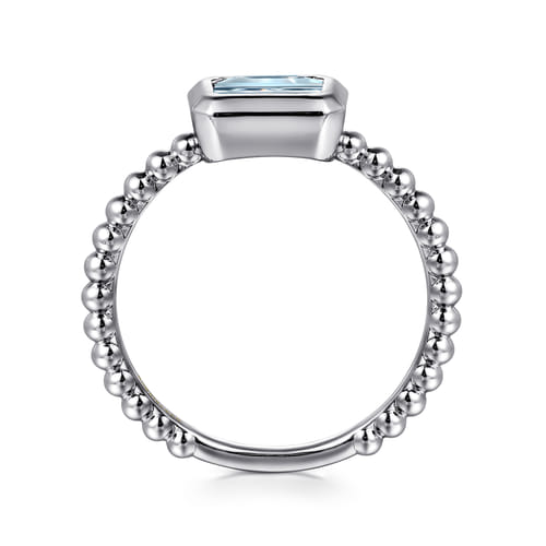 14K White Plain Gold Bujukan And Aquamarine Stackable Promise Ring