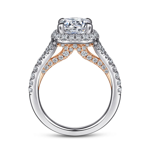 14K White-Rose Gold  Cushion Halo Round Diamond Engagement Ring