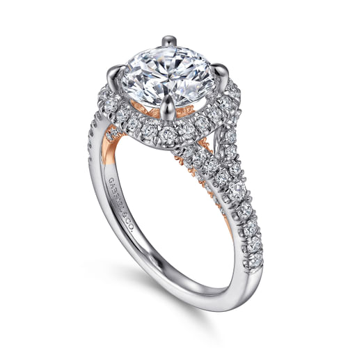 14K White-Rose Gold  Cushion Halo Round Diamond Engagement Ring