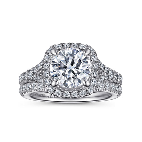 14K White-Rose Gold  Cushion Halo Round Diamond Engagement Ring
