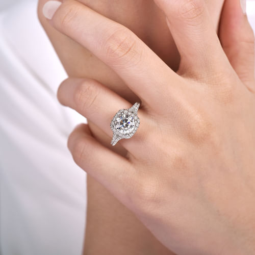 14K White-Rose Gold  Cushion Halo Round Diamond Engagement Ring