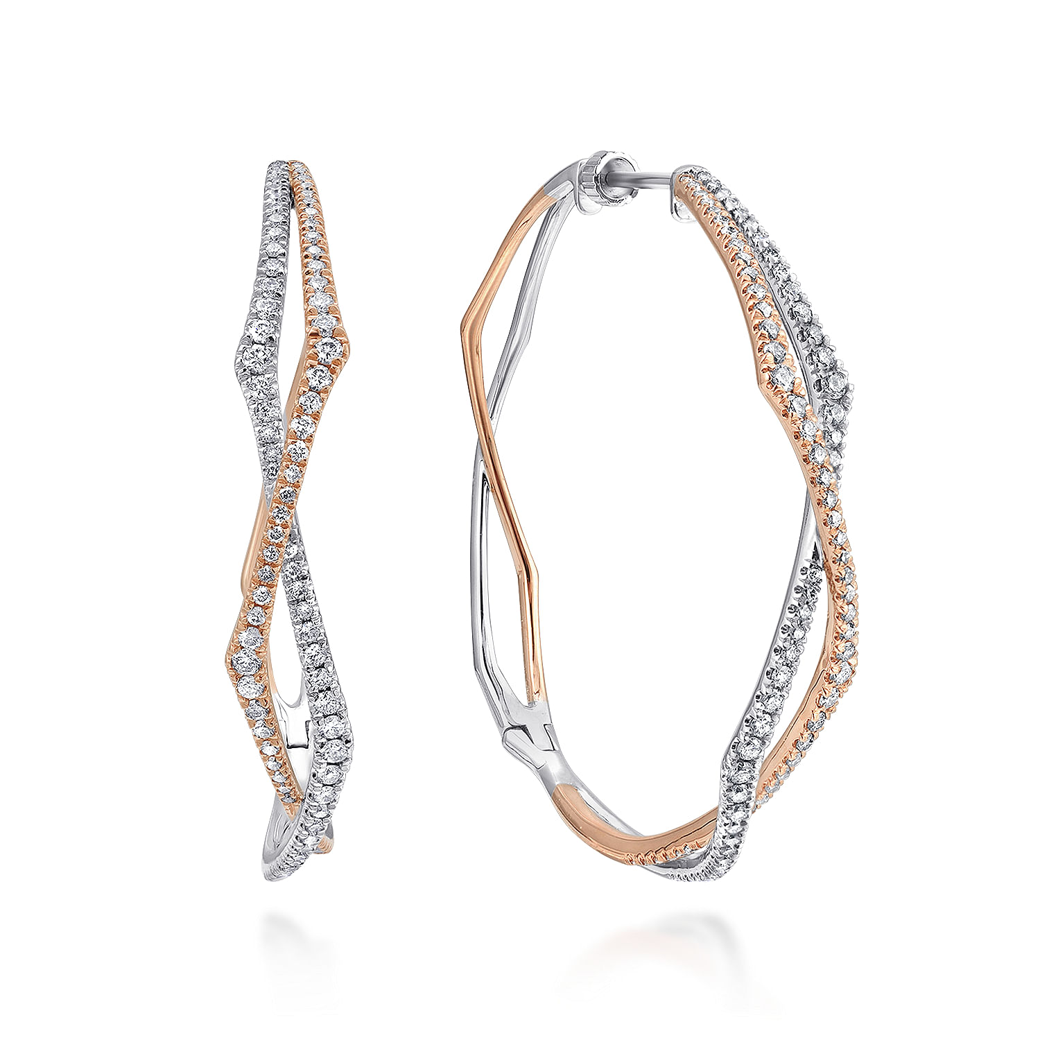 14K White-Rose Gold 40mm Round Twisted Diamond Intricate Hoop Earrings