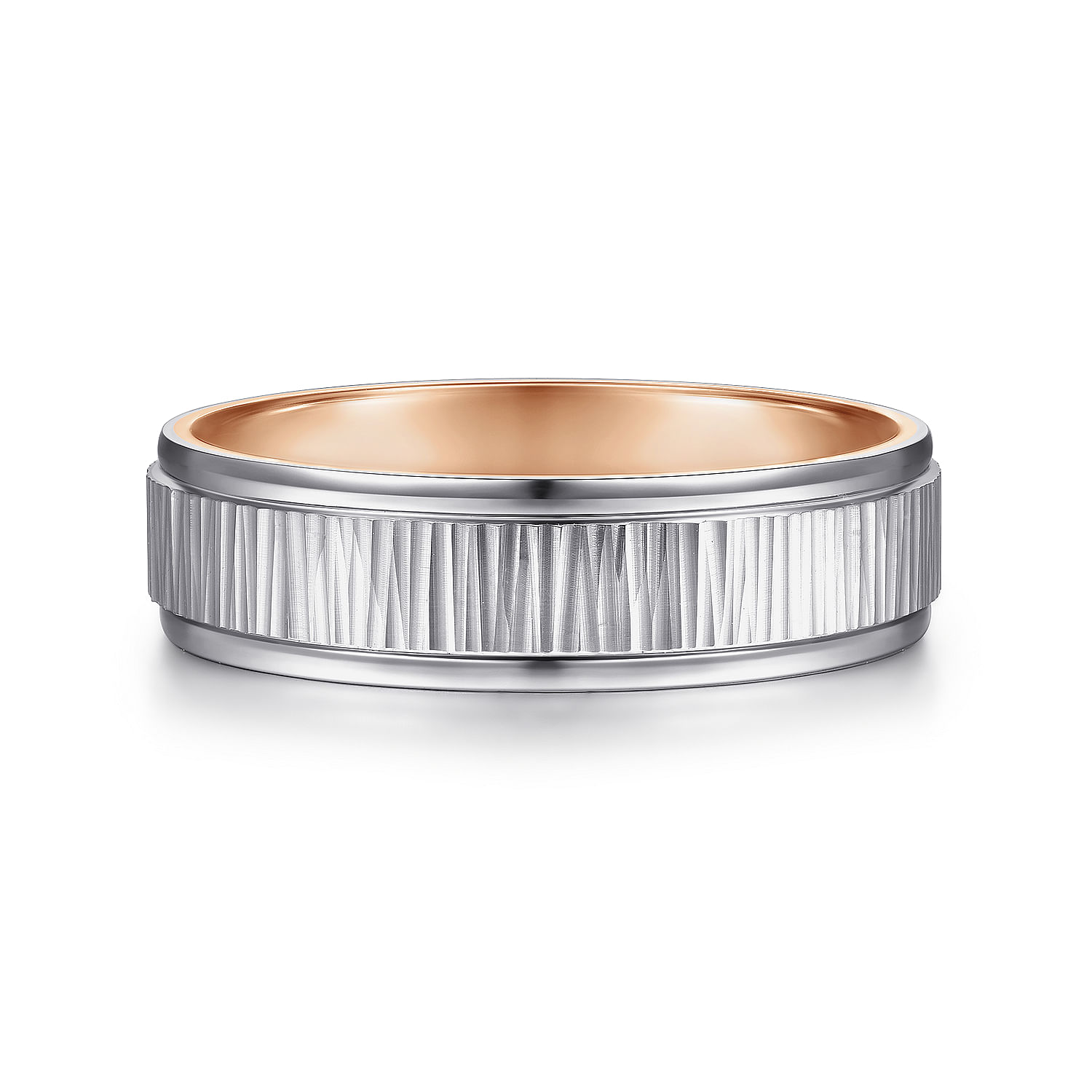 14K White-Rose Gold 6mm - Men's Wedding Band with Vertical Etching