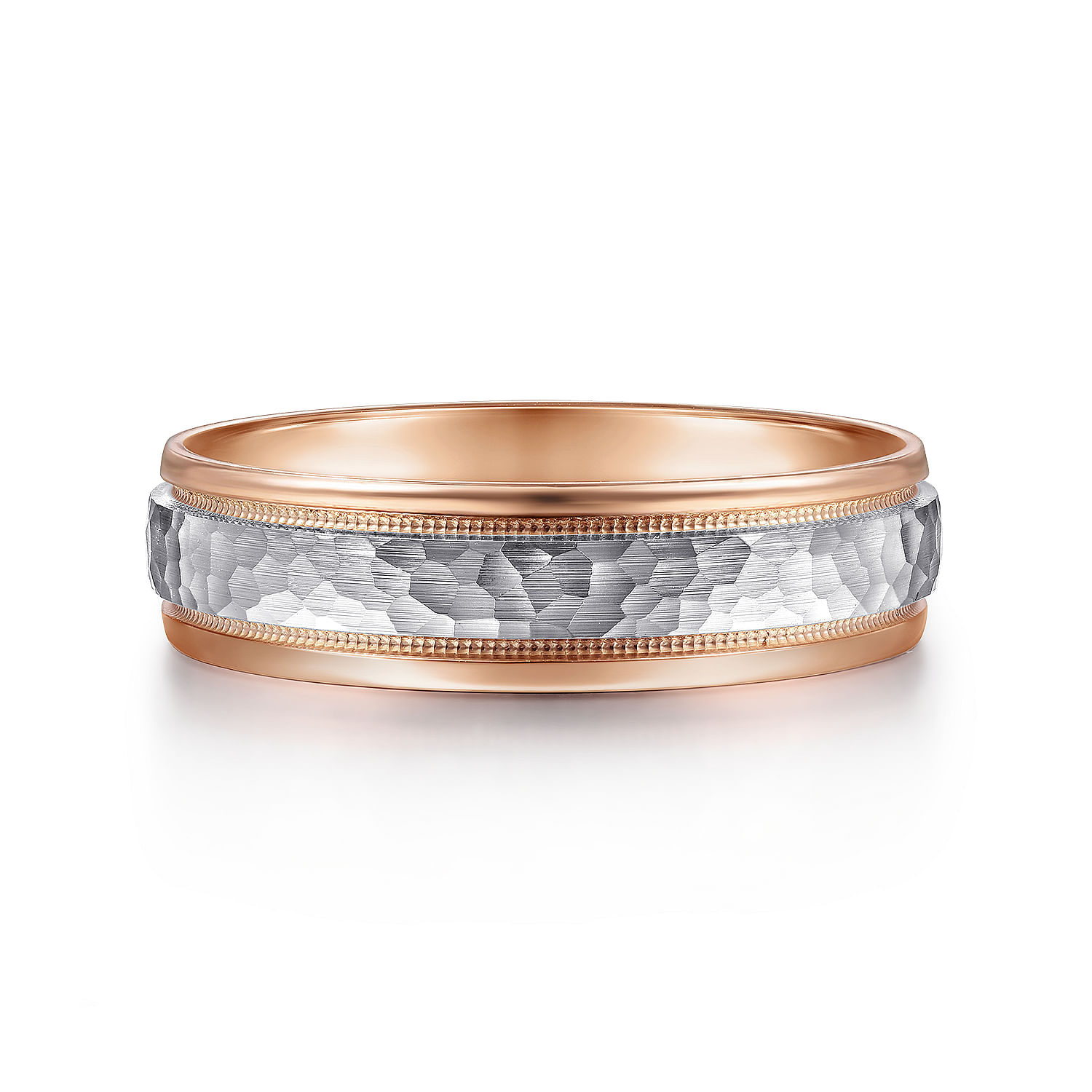 Gabriel - 14K White-Rose Gold 6mm - Two Tone Hammered Men's Wedding Band with Milgrain Edge