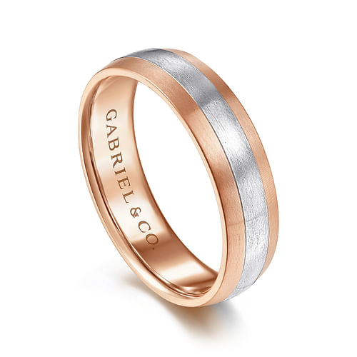 14K White-Rose Gold 6mm - Two Tone Men's Wedding Band in Satin Finish