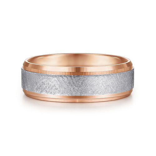 14K White-Rose Gold 7mm - Beveled Edge Men's Wedding Band in Diamond Scratch Finish