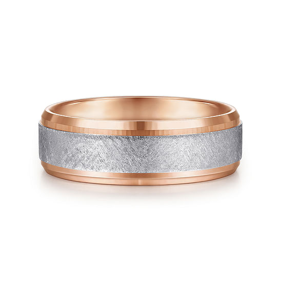 Gabriel - 14K White-Rose Gold 7mm - Beveled Edge Men's Wedding Band in Diamond Scratch Finish