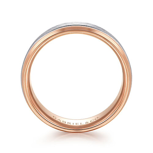 14K White-Rose Gold 7mm - Beveled Edge Men's Wedding Band in Diamond Scratch Finish