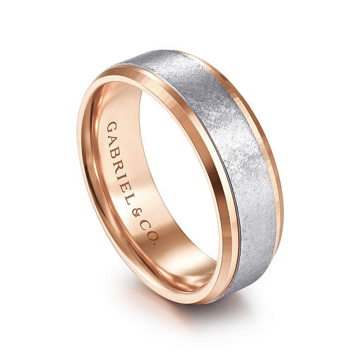 14K White-Rose Gold 7mm - Beveled Edge Men's Wedding Band in Diamond Scratch Finish