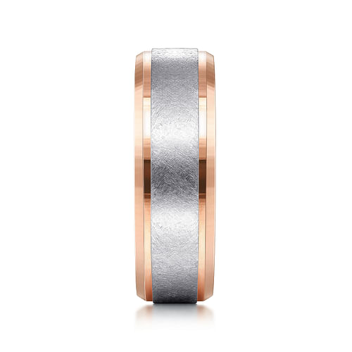 14K White-Rose Gold 7mm - Beveled Edge Men's Wedding Band in Diamond Scratch Finish