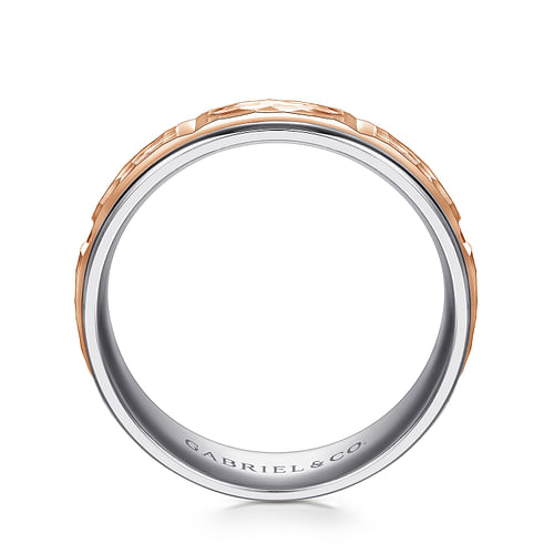 14K White-Rose Gold 7mm - Hammered Station Men's Wedding Band 