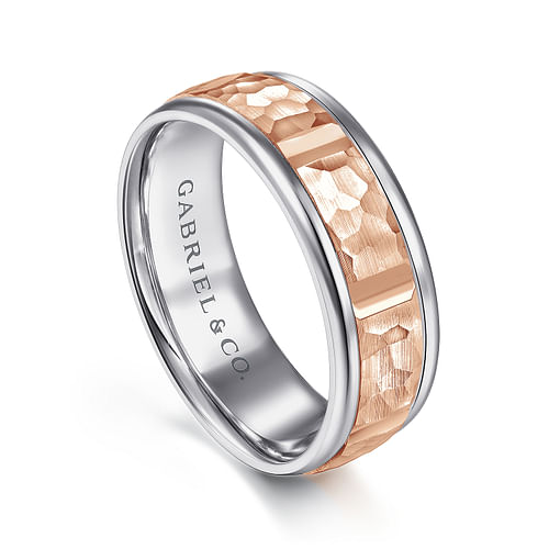 14K White-Rose Gold 7mm - Hammered Station Men's Wedding Band 