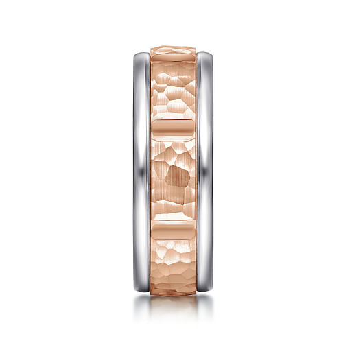 14K White-Rose Gold 7mm - Hammered Station Men's Wedding Band 