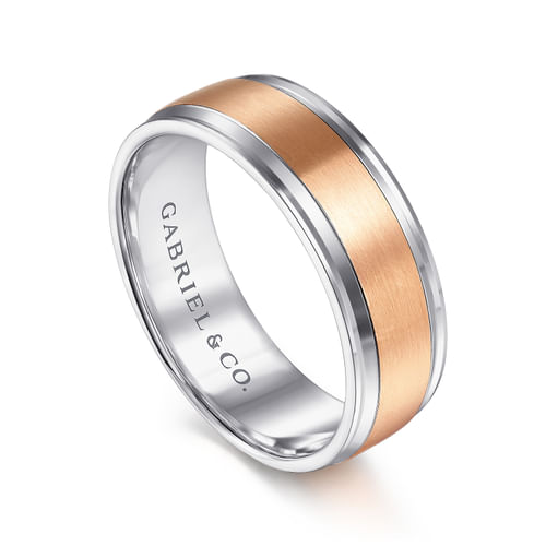 14K White-Rose Gold 7mm - Men's Wedding Band in Satin Finish