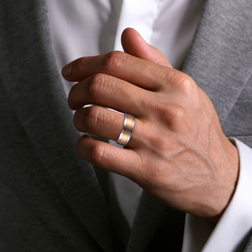14K White-Rose Gold 7mm - Men's Wedding Band in Satin Finish