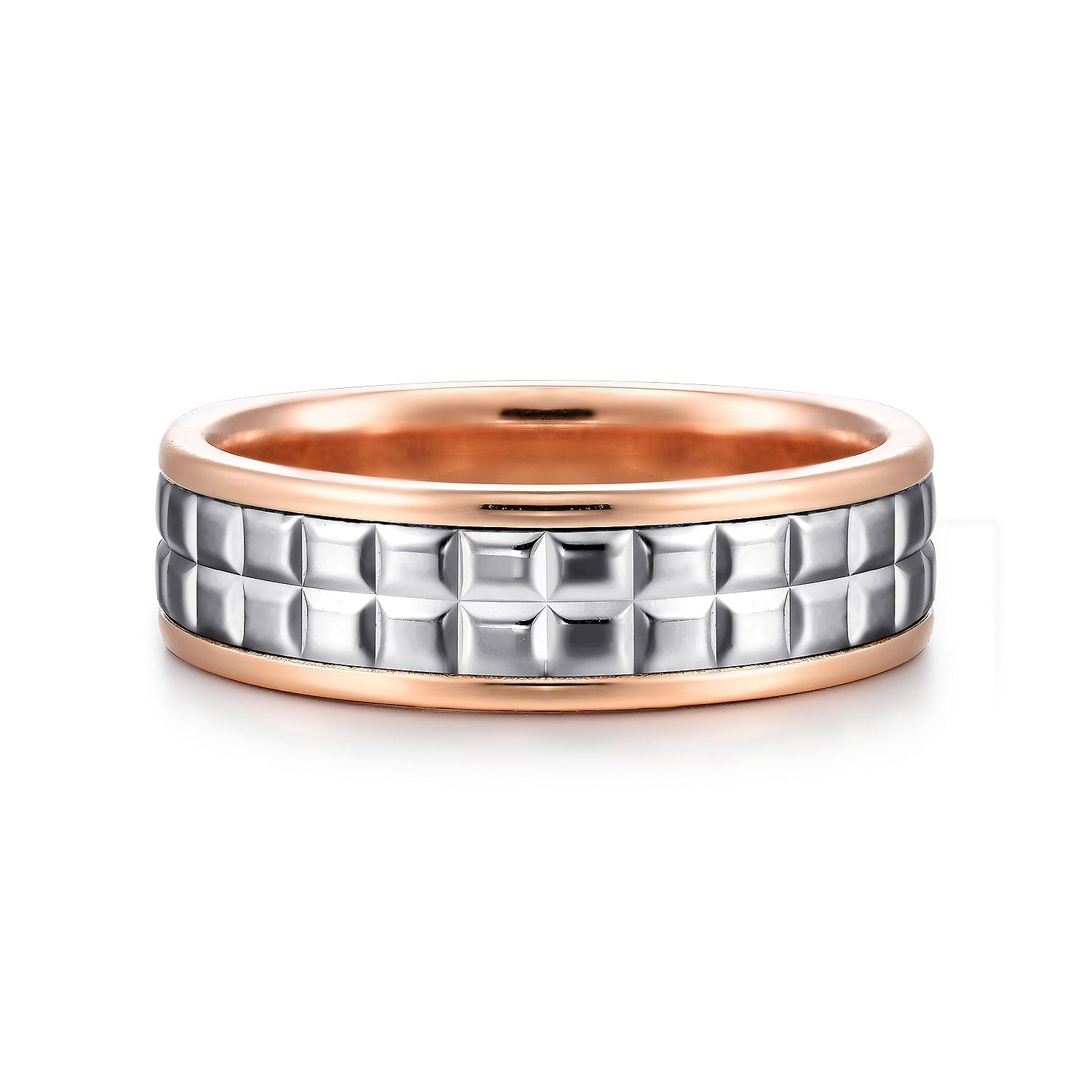 14K White-Rose Gold 7mm - Square Inlay Men's Two Tone Wedding Band 