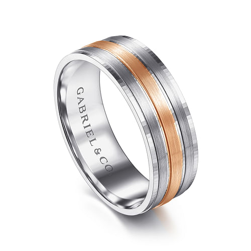 14K White-Rose Gold 7mm - Three Row Satin Finish Men's Wedding Band in Two Tone