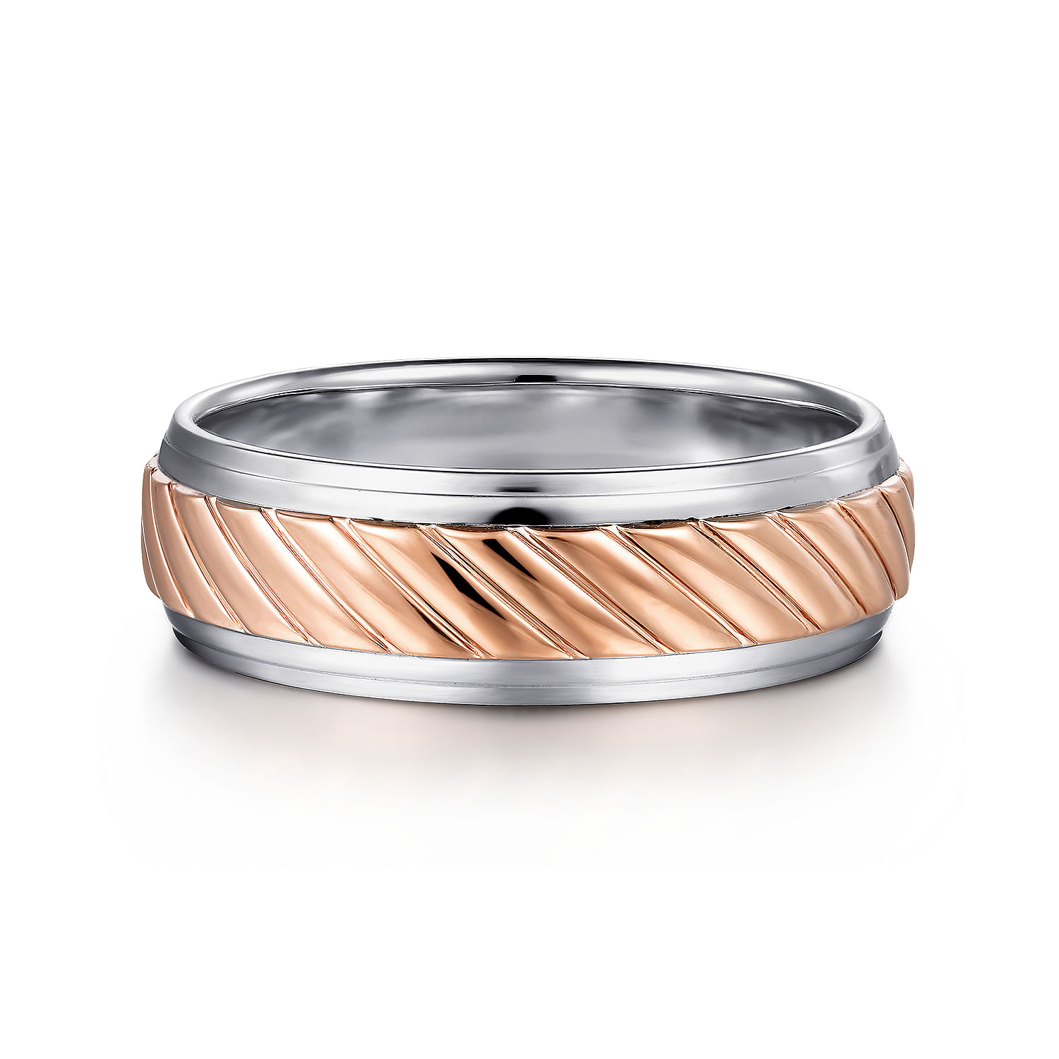 Gabriel - 14K White-Rose Gold 7mm - Two Tone Carved Men's Wedding Band