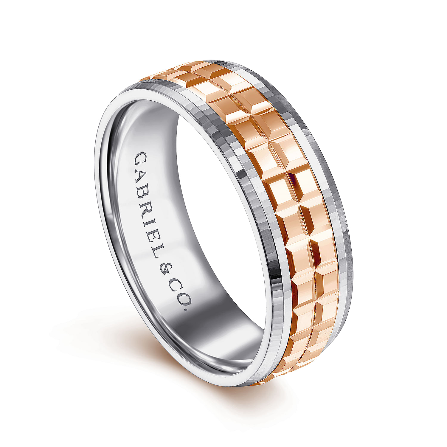 14K White-Rose Gold 7mm - Two Tone Square Inlay Men's Wedding Band