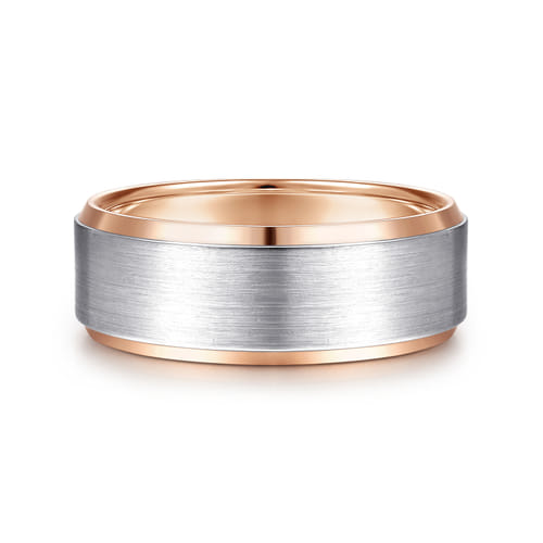 14K White-Rose Gold 8mm - Two Tone Beveled Edge Men's Wedding Band in Satin Finish 14K White-Rose Gold 8mm - Two Tone Beveled Edge Men's Wedding Band in Satin Finish