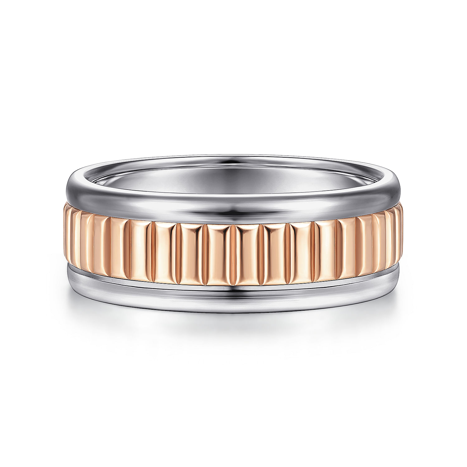 14K White-Rose Gold 8mm - Two Tone Carved Men's Wedding Band in High Polish Finish