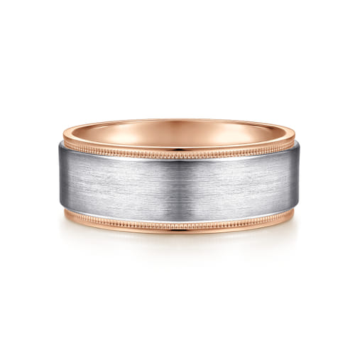 14K White-Rose Gold 8mm - Two Tone Men's Wedding Band in Satin Finish