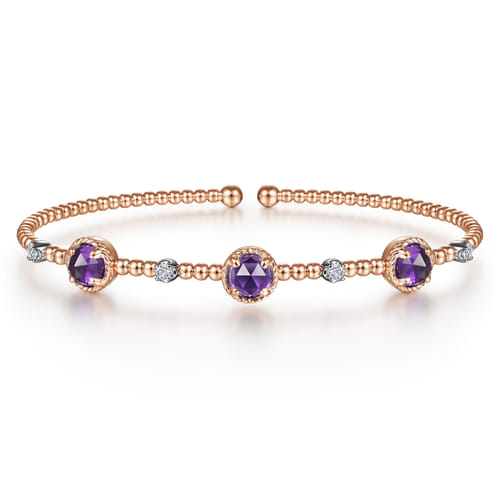 14K White-Rose Gold Amethyst and Diamond Station Bujukan Bangle