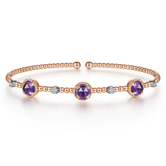 14K White-Rose Gold Amethyst and Diamond Station Bujukan Bangle