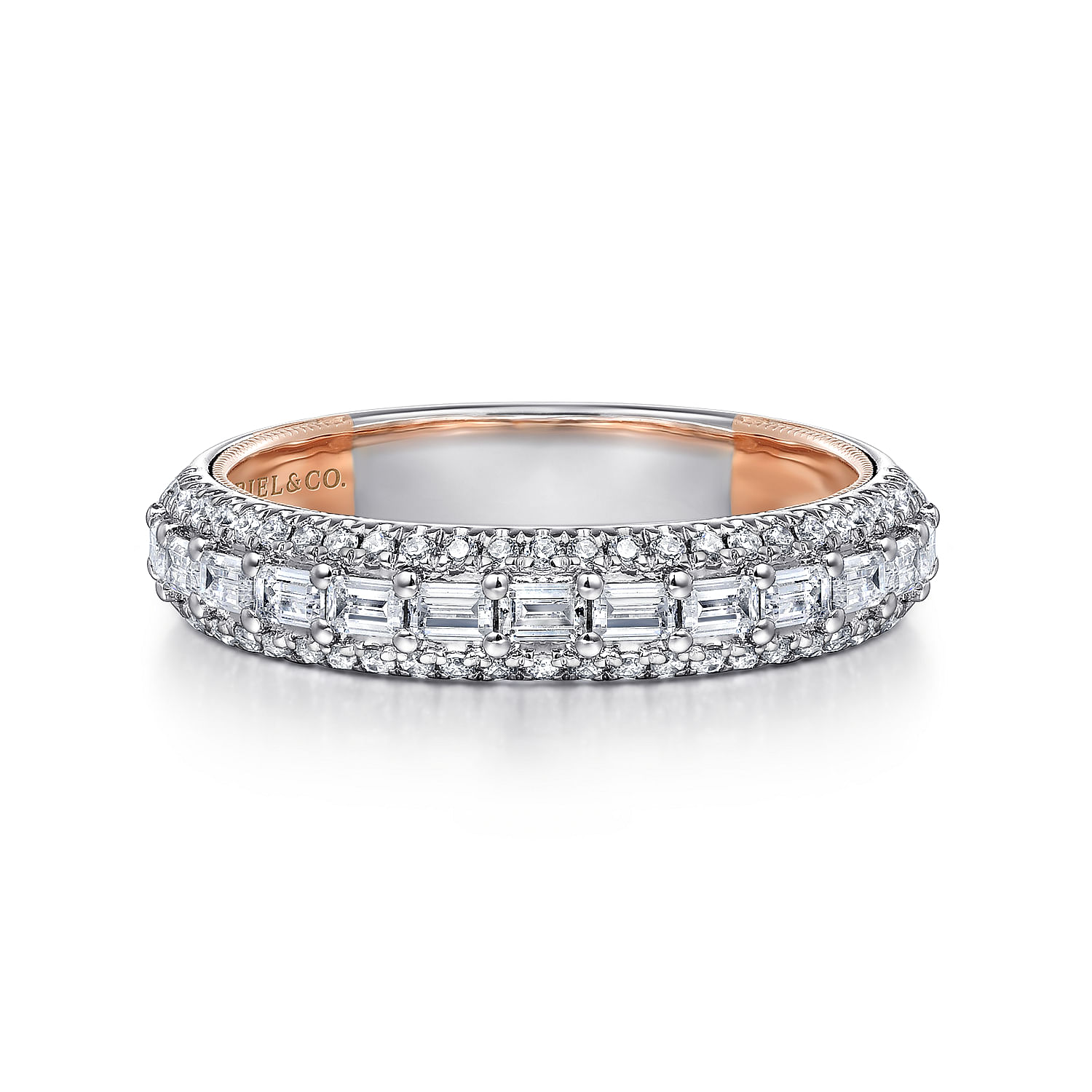 14K White-Rose Gold Baguette and Round Diamond Anniversary Band