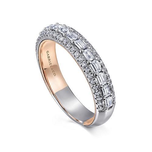 14K White-Rose Gold Baguette and Round Diamond Anniversary Band