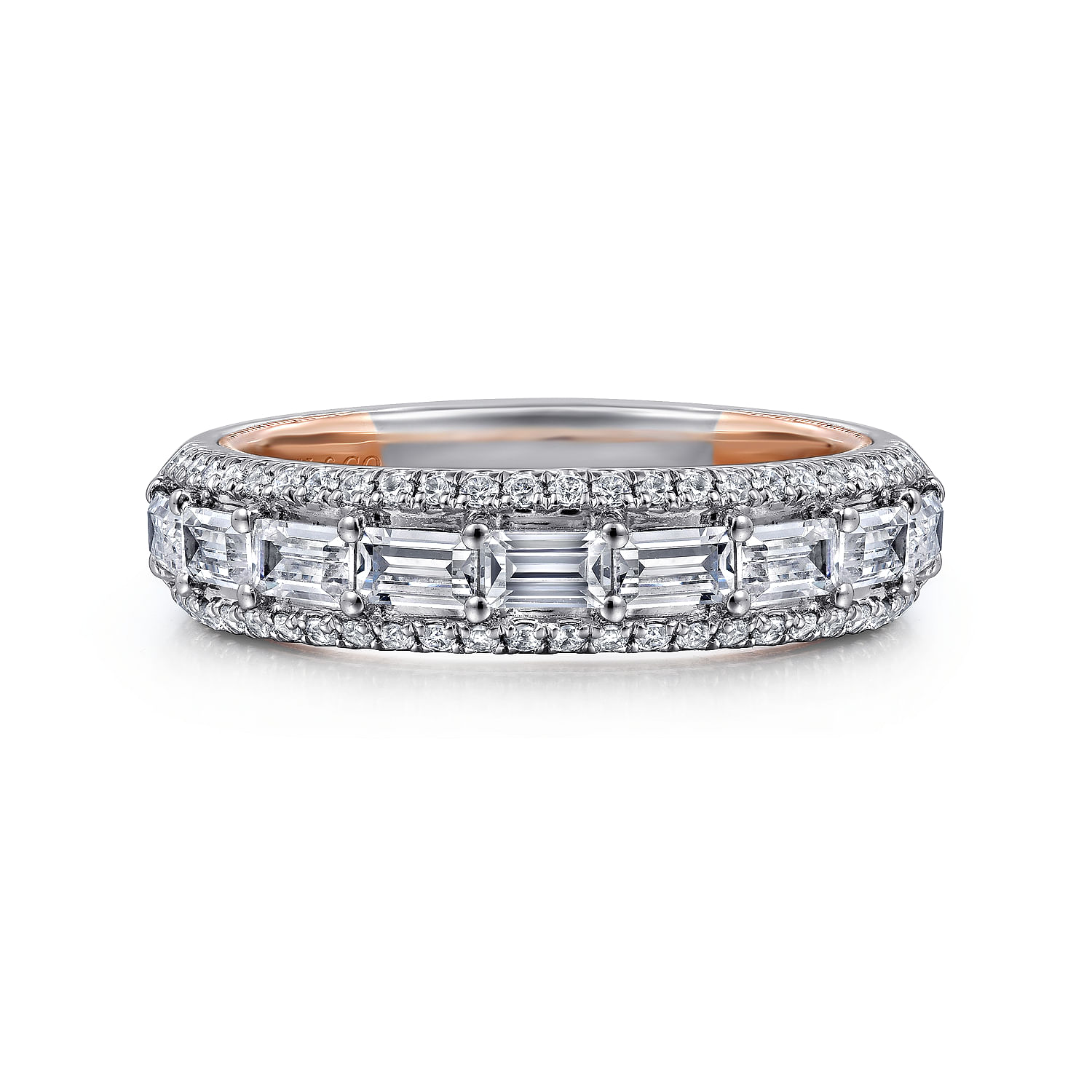 14K White-Rose Gold Baguette and Round Diamond Anniversary Band