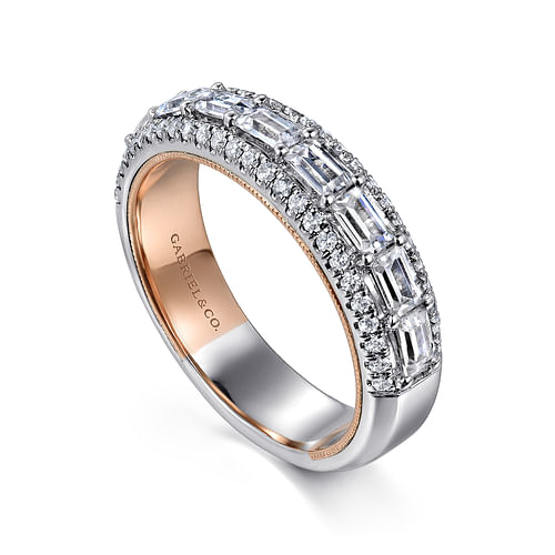 14K White-Rose Gold Baguette and Round Diamond Anniversary Band