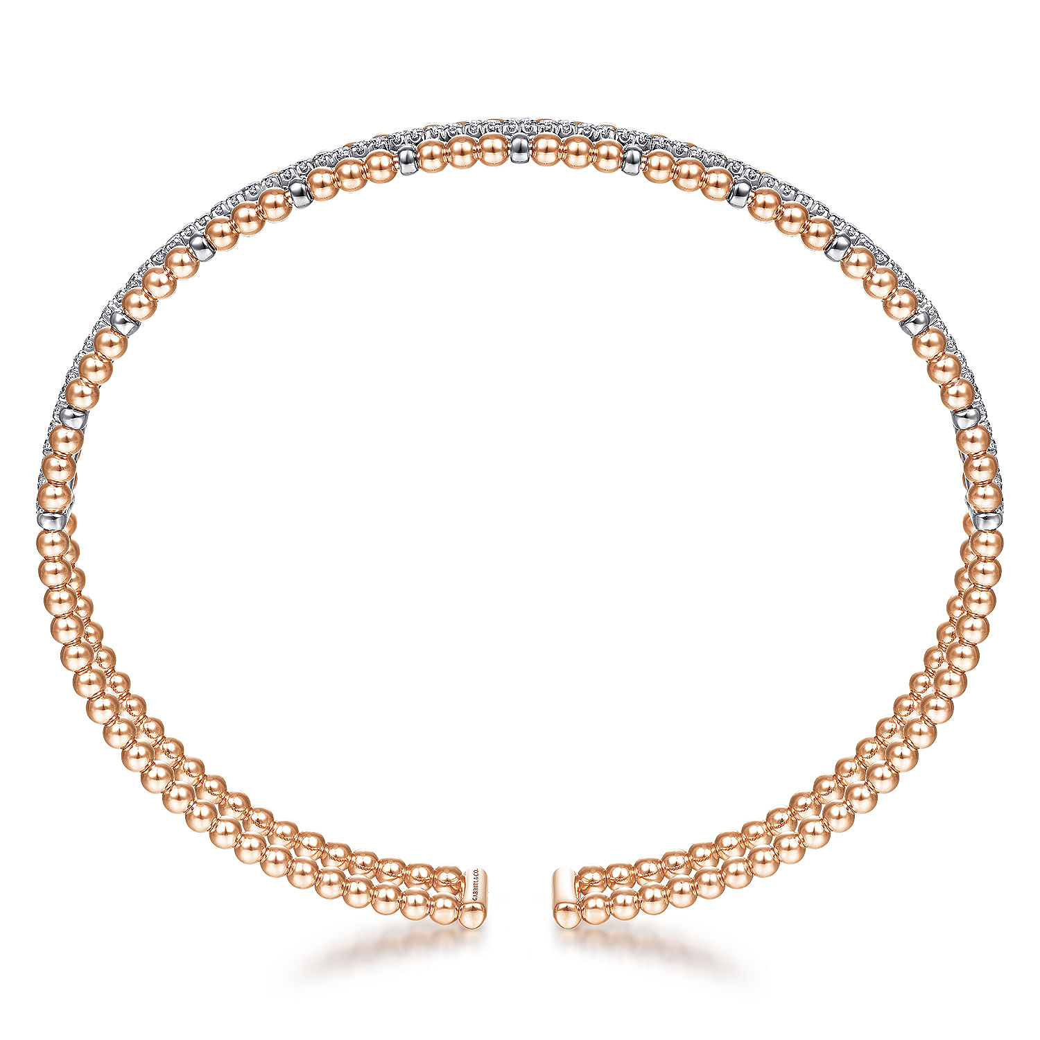 14K White-Rose Gold Bujukan Bead Cuff Bangle with Inner Diamond Channel