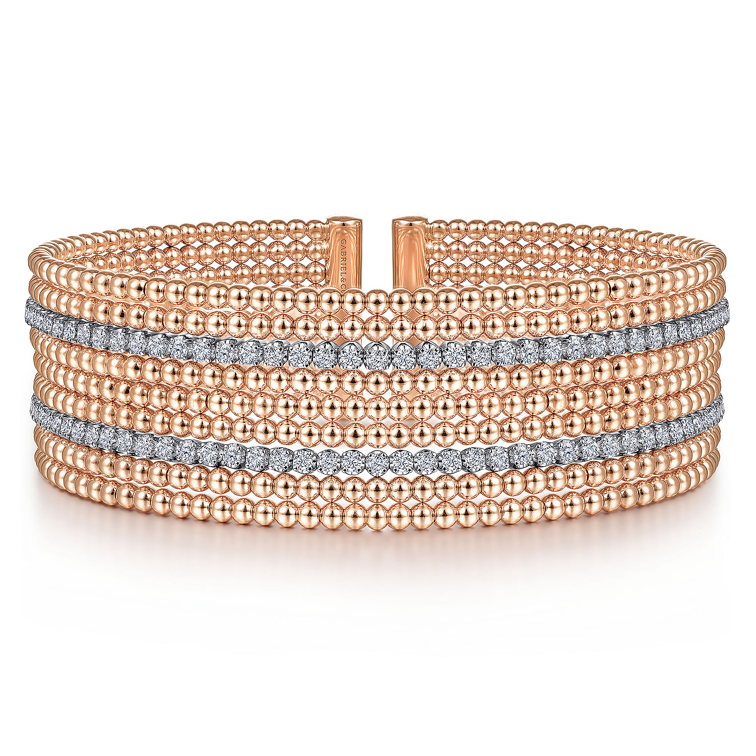 14K White-Rose Gold Bujukan Bead Cuff Bracelet with Diamond Channels
